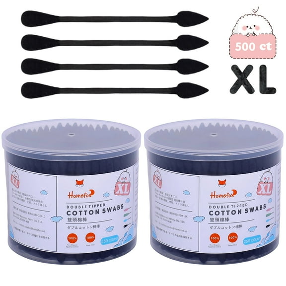 HOMEFOX 500 Count XL Black Cotton Swabs Pointed Precision - Extra Large Cotton Buds Thick Pointy Organic, XL Pointy & Round