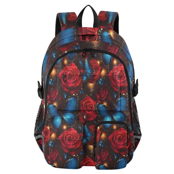 DIXRUYEE Blue Spotted Butterfly Red Rose Pattern Backpack for School 14”Laptop Compatible with Reflective Safety Strips