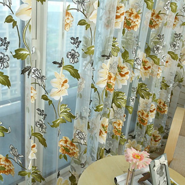Blue 39 x 78 Inches Ink Flower Semi Sheer Curtains,Yhouse Floral Print Window Rod Pocket Top Voile Curtains Panel Yarn for Living Room 