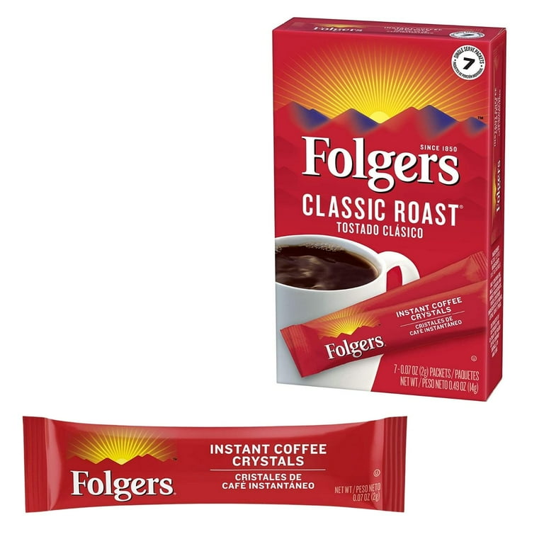 Folgers Classic Roast Instant Coffee Crystals 7 Single Serve Packets 0.49 Oz Pack of 12 On The Go