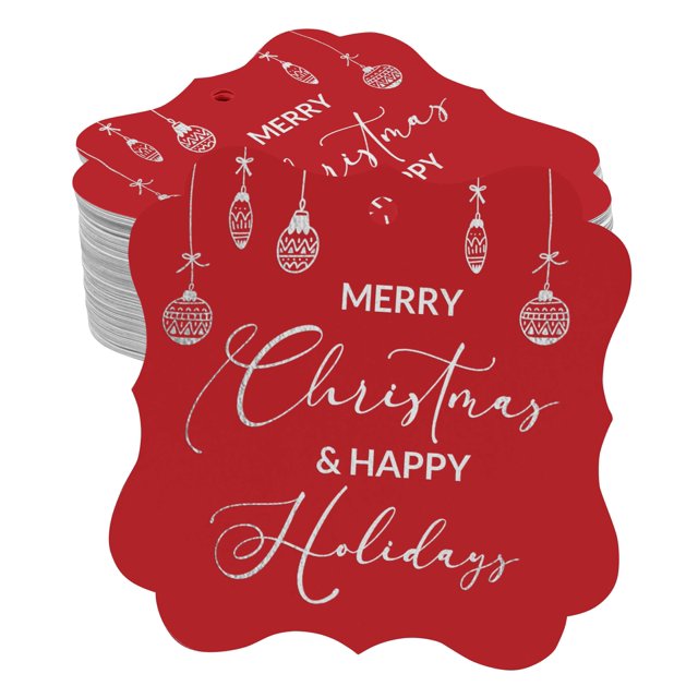 Inkdotpot Pack Of 100 Real Silver Foil Bracket Shape Paper Tags Merry Christmas & Happy Text Favor Hang Tags