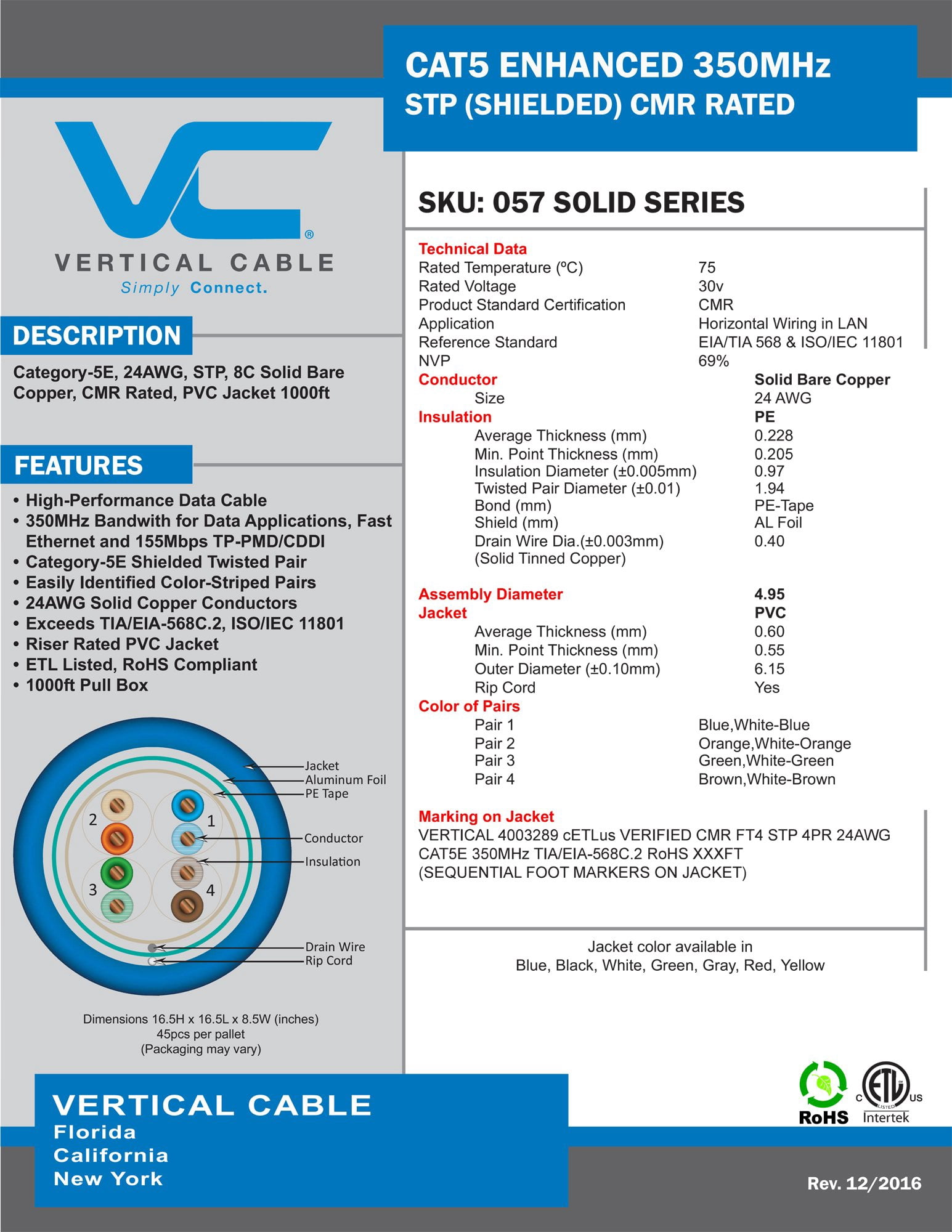 Vertical Cable 057-473/S/RD Cat5e, 350 MHz, Shielded, 24AWG, Solid Bare Copper, 1000ft, Bulk Ethernet Cable, Red