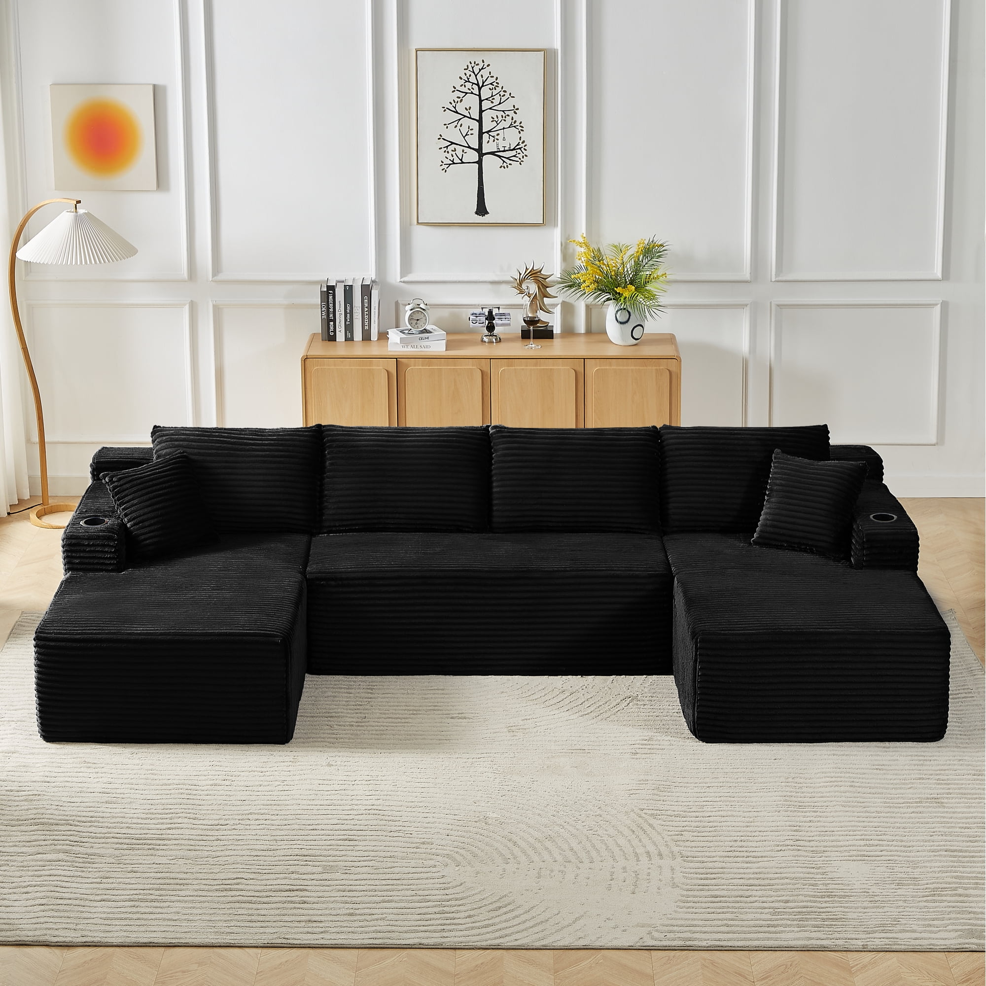 Leumius 133" Oversized Boneless Sectional Couches for Living Room,Modern Corduroy U Shaped Modular Sectional Sofa with Deep Seat,6-Seat Cloud Couch with Cupholders and Side Pockets,No Assembly,Black