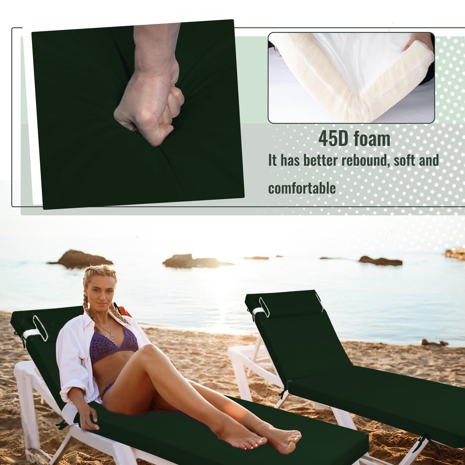 SDJPOI Outdoor Chaise Lounge Cushion, 72×21×3in Patio Chair Cushion for Pool Beach（Dark Green）