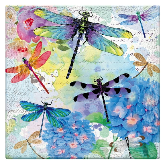 Evergreen 16.5" Hand Painted Embossed Square Glass Bird Bath, Dragonfly Prints, 16.5'' x 16.5'' x 2.4'' inches