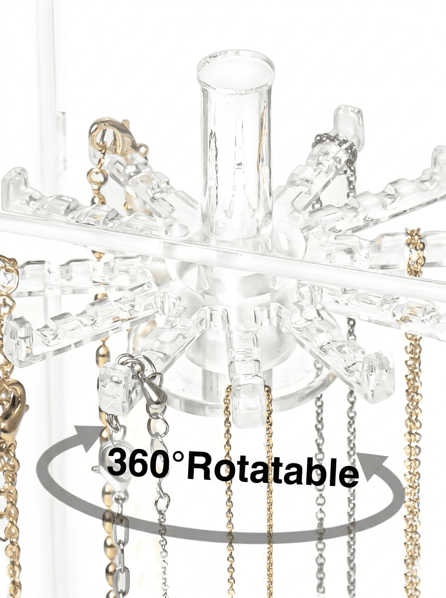 Cirhy Square Necklace Holder with Velvet Tray, Clear Acrylic Rotating Jewelry Organizer Box, Dustproof Necklace Display Case with 24 Hooks for Necklaces, Rings, Earrings, Bracelets