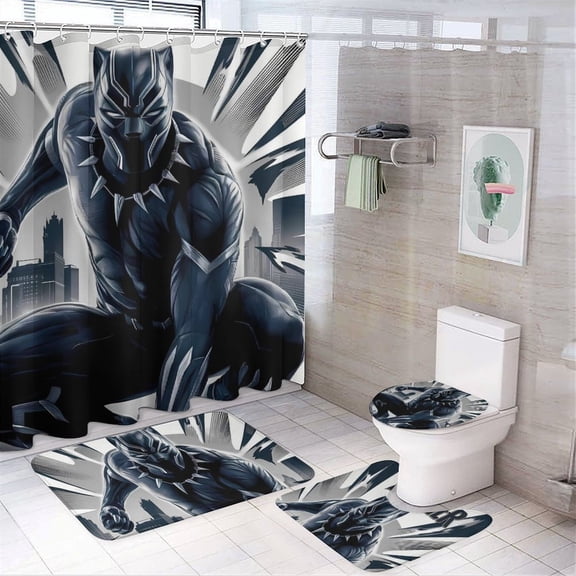 Black Panther Shower Curtain Set 4 Piece with Toilet Lid Cover, Non-slip Rugs And Bath Mat Curtain 72 X 72 Inch