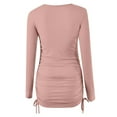 thumbnail image 5 of VSSSJ Women's Crewneck Long Sleeve Ruched Slim Ribbed Basic T-Shirt Dresses Solid Color Side Drawstring Lace-Up Bodycon Mini Dress Pink L, 5 of 6
