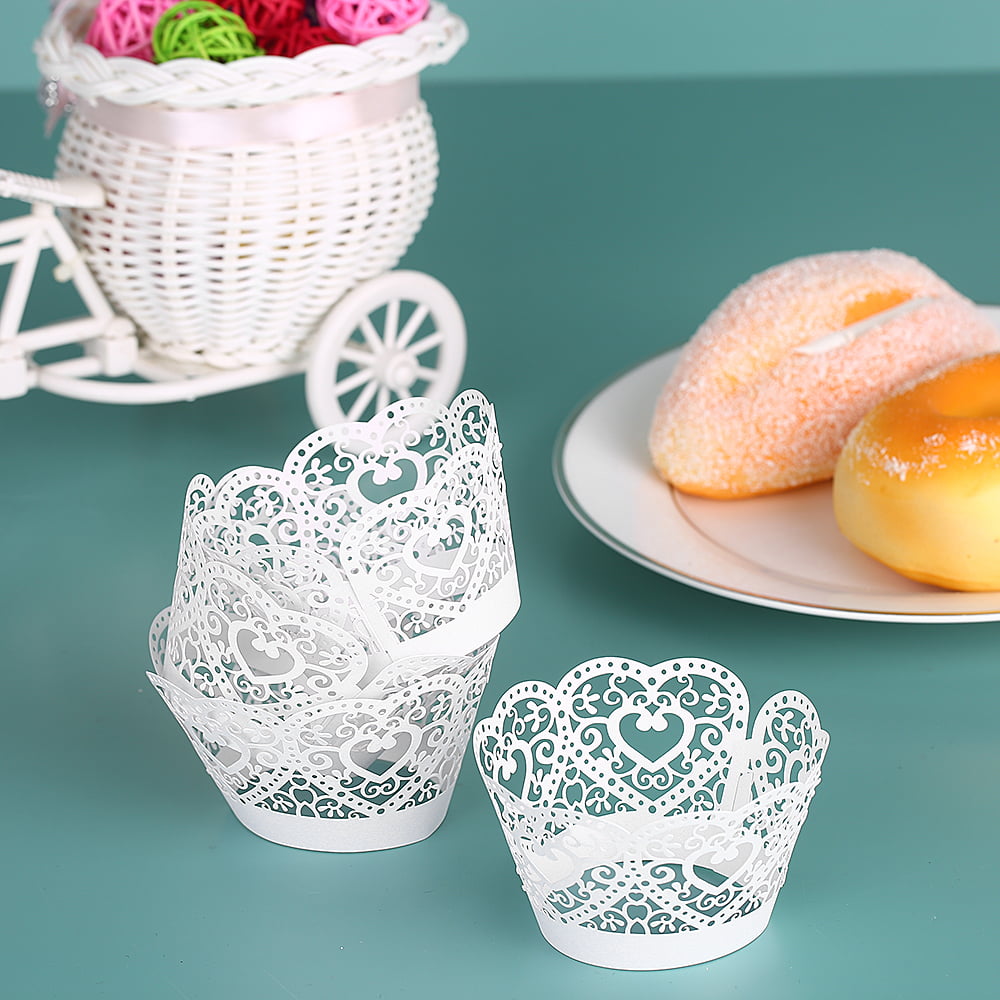 Paper Cupcake Wrappers Laser Cut Lace Cake Cup Liners Trays Baking Decorations Supplies-White 50pcs/Set