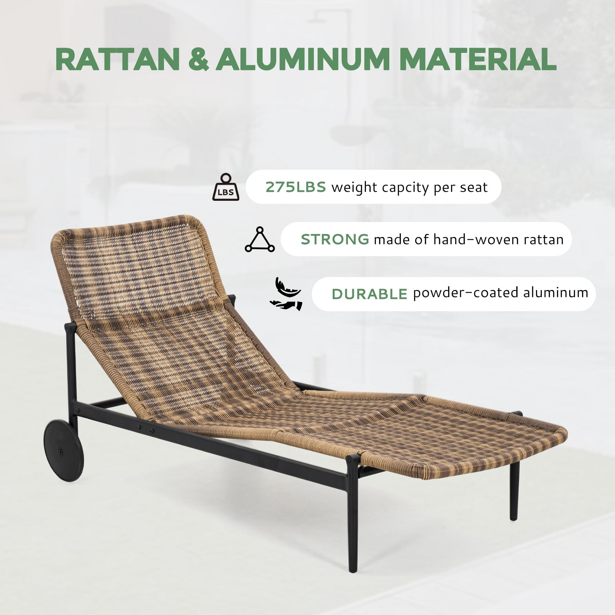 2PCS Patio Chaise Lounge Chair Set of 1 Outdoor Wicker Lounge Chairs with Cushion Wheels and Wood Table Poolside Backyard Deck Porch, Beige
