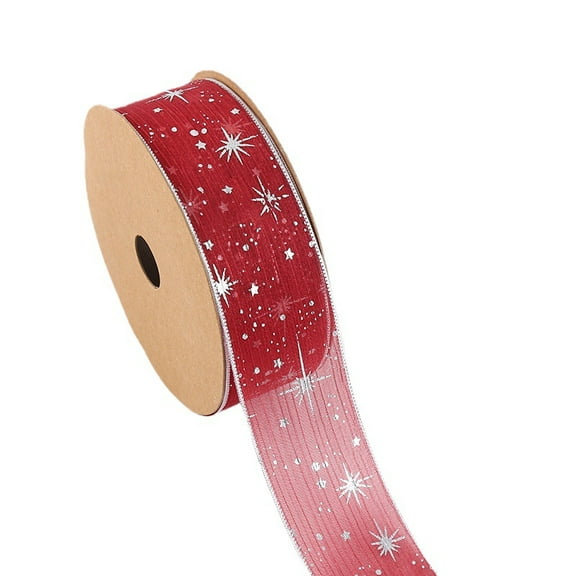 Organza Star Ribbon Wired, 1 Inch Wide 20 Yards Tree Print Sheer Glitter Ribbon for Gift Wrapping Garland Bouquet Ornaments Party Decorations (Wine Red)