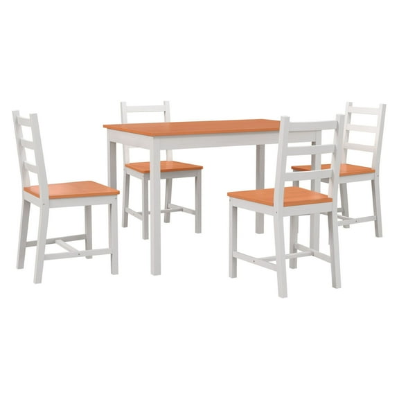 5 Piece Dining Set Solid Pine Wood, High Back Chairs, White/Natural, Small Space Kitchen Table Set for 4