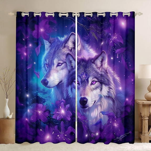 Erosebridal Purple Magical Wolf Pair Floral Print Black Out Curtains, Fantasy Wildlife Curtains Pack of 2 (42x63 Each) for Men and Women