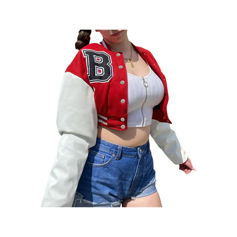 Women Varsity Jacket Cropped Baseball Jacket Bomber Coats Fashion Streetwear - Red, L