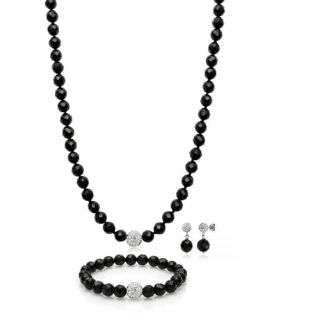 8mm Faceted Black Onyx and Crystal Necklace, Bracelet and Earring Sterling Silver Set, 18, 7