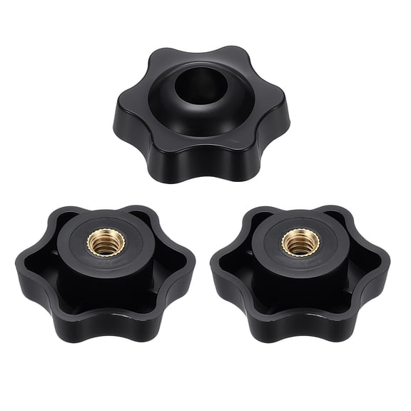 Uxcell 3pcs Star Knobs 1/4" Female Thread 38mm 6-Point Plastic Head Brass Insert Through Hole Screw-in Threaded Knob Hand Tightening Clamping Handles, Black