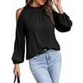 thumbnail image 3 of Blusas Elegantes e Informales para Mujer, con Hombros Descubiertos, Cuello con Volantes, Camisas de Moda de Otoño para el Trabajo Negro L, 3 of 10