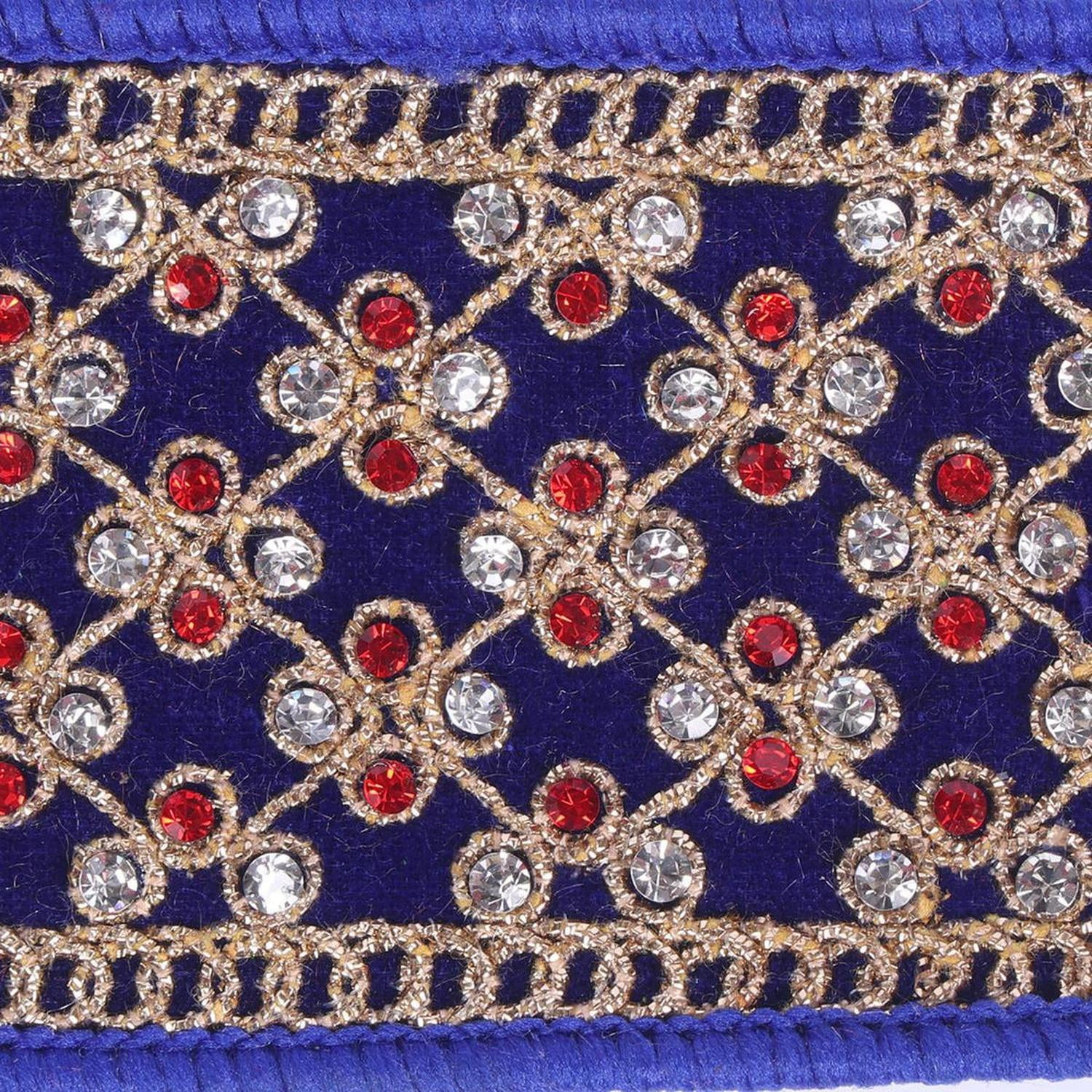 2.5" Blue Velvet Gold Trim Red Jewel Ribbon (5 Yards)