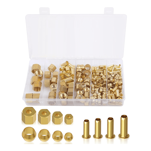 180PCS Compression Fittings Assortment Kit-(1/4In, 3/8In, 5/16In, 1/2In) of Brass Compression Sleeve Ferrule,Insert&Nuts