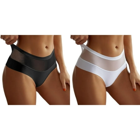 (2-Pack) Kcodviy Women Mesh Bow Embroidered Plus Size Thongs Lot Lace Transparent String Breathable Briefs for Women Underwear Back Bandage Hollow Lane Dress 14 Out Panties String Briefs