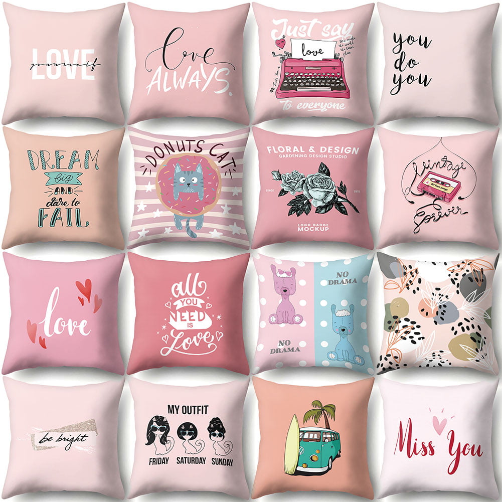 18inch Pink Letters Cotton Linen Pillow Case Throw Sofa Home Decor Cushion Cover