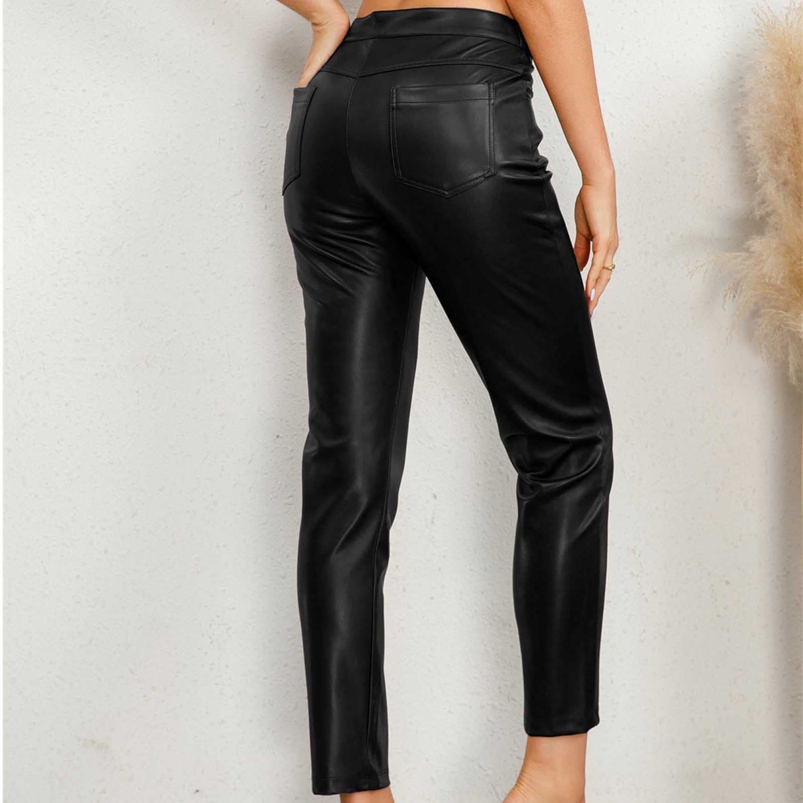 FRSASU Women Faux Leather Pants High Waist Button Zipper Straight Leg Pant Leather Leggings Pants with Pocket Black
