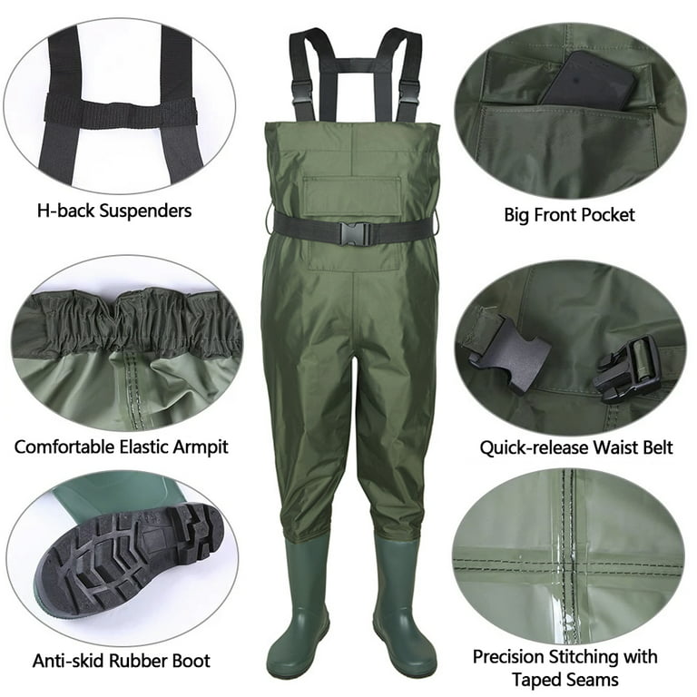 Lovote 2-Ply Waterproof Chest Waders Fishing Hunting Nylon Rubber Bootfoot Men Women Non-Slip Boots Green US Size 11, adult Unisex, Size: US 11