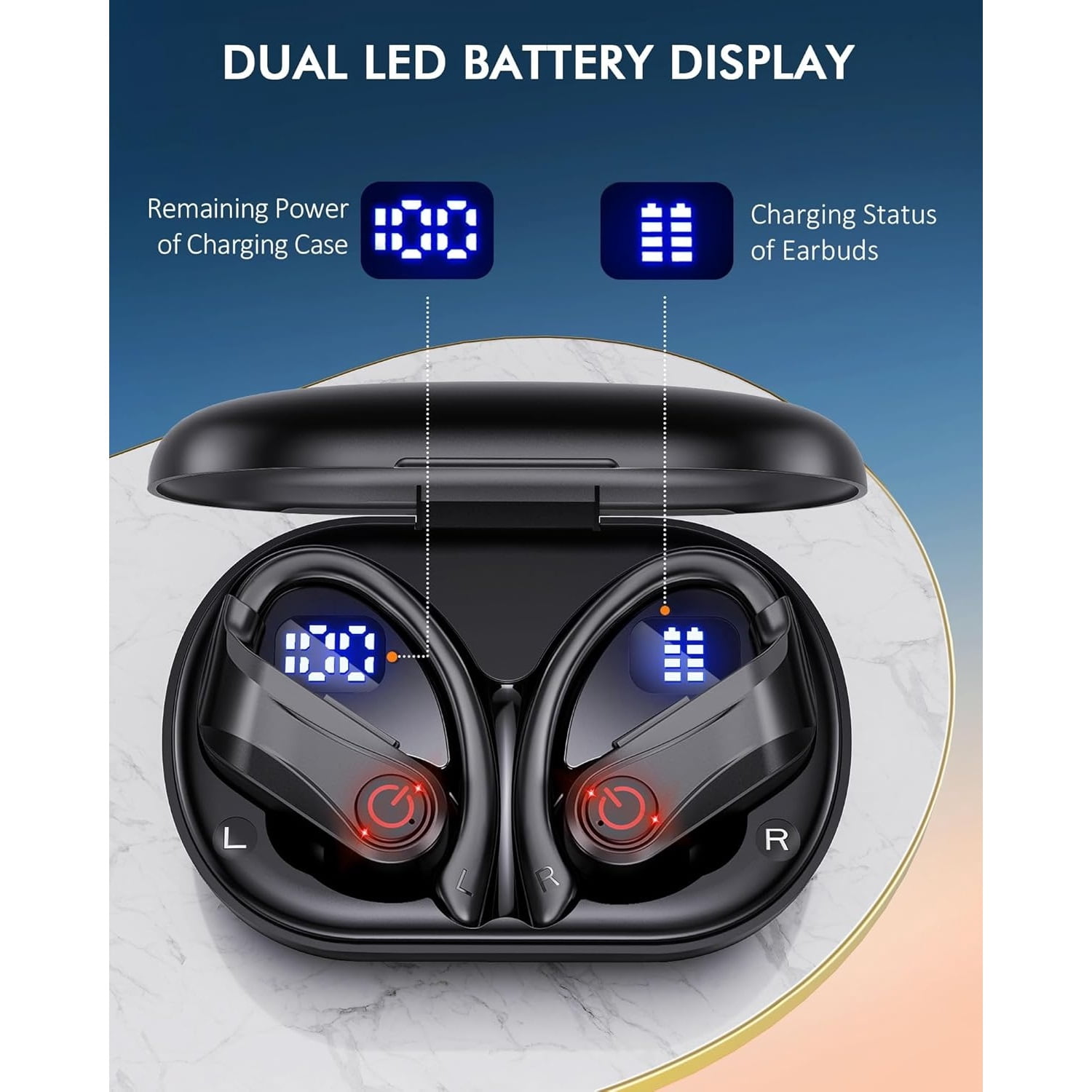 Wireless Earbuds Bluetooth 5.3 Sport Ear Buds Wireless Headphones 120H Playtime, Over-Ear Stereo Bass Ear Phone Built-in Microphone with Earhooks, IPX7 Waterproof, Dual Power Display for Sport