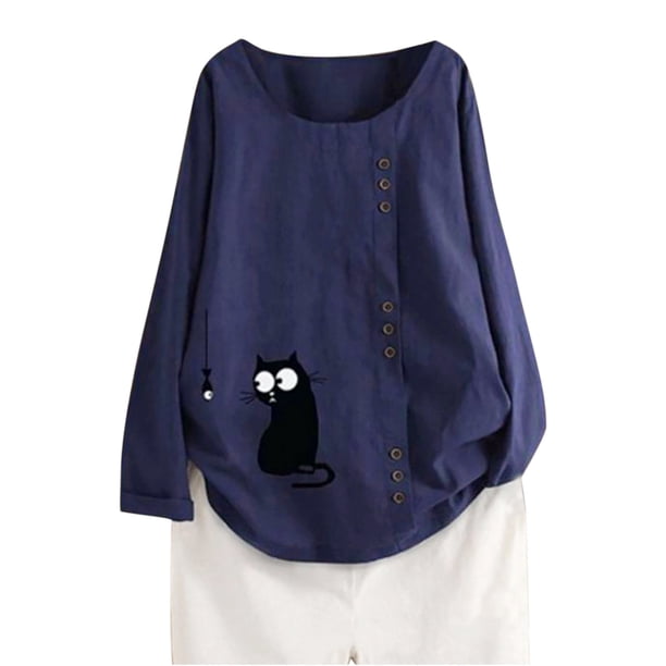 Tops casuales de manga larga con botones estampados para bebés y gatos con cuello redondo a la moda para mujer Fridja hj443