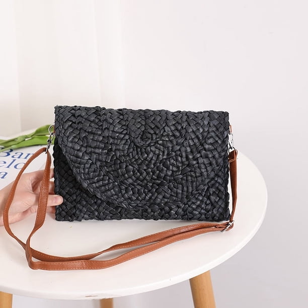 Nvzi Bolso de hombro tejido, bolso de mano tejido y bolso de cosméticos, bolso de mano tejido elegante para playa de verano, 11.02 x 0.78 x 7.08 pulgadas, negro