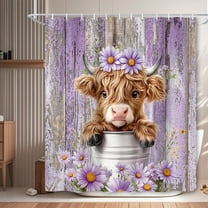 Funny Highland Cow Shower Curtain, Purple Cute Rustic Western Floral Plant Daisy Wooden Farmhouse Bath Curtain, Country Animal Fabric Waterproof Shower Curtain Set for Bathtub Decor, 72X72in