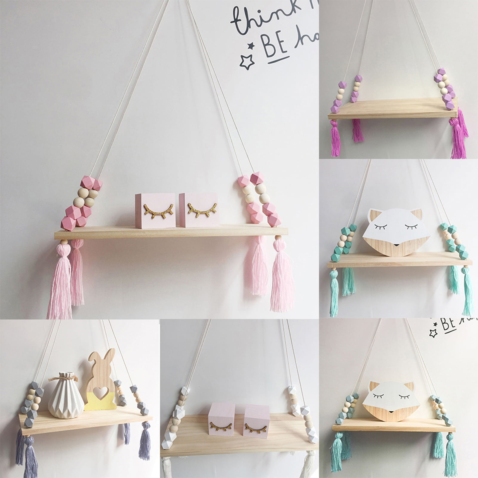 Wood Swing Shelf Tassel Beads Display Holder Wall Hanging Home Bedroom Decor 