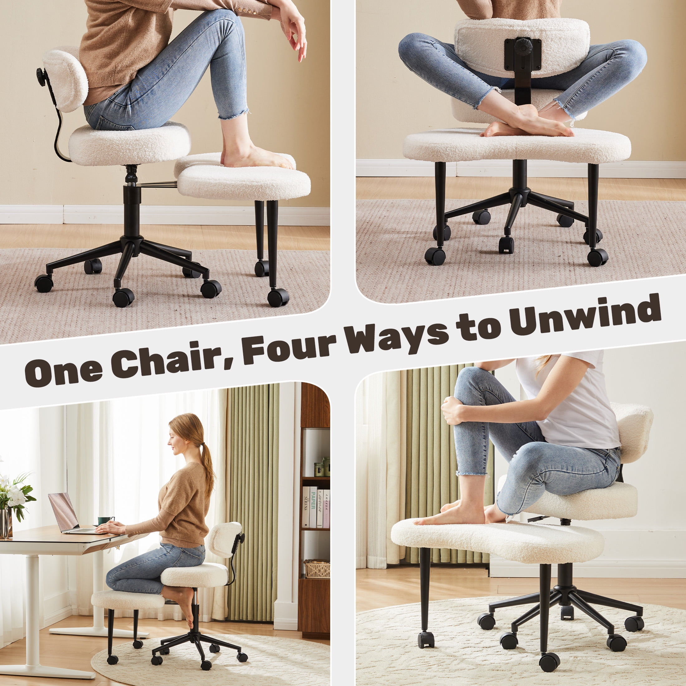 edx Ergonomic Cross Legged Swivel Chair with Back Support, Adjustable Height Meditation Chair, 360° Rotating Footrest, Rolling Office Floor Chair, White