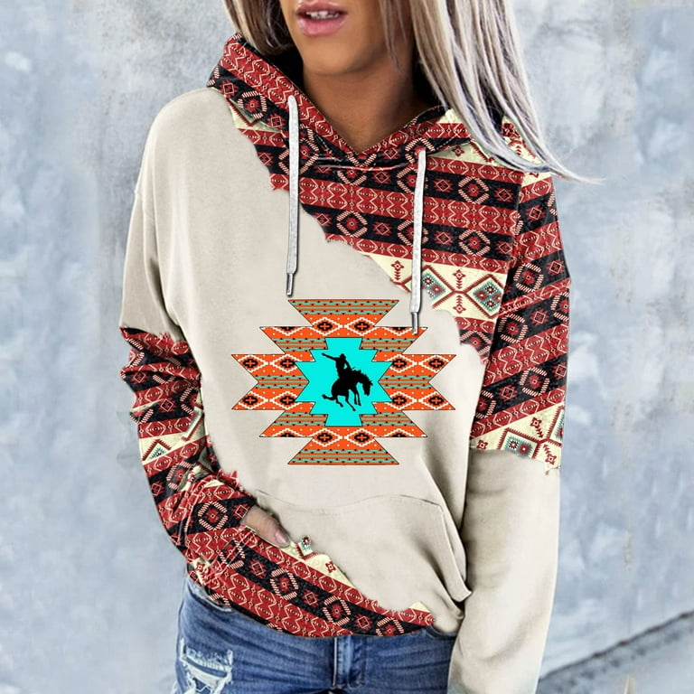 Western Hoodie for Women s Ethnic Style Print Aztec Pullover Cowgirl Rhombus Printed Hooded Sweatshirt with Pockets Walmart