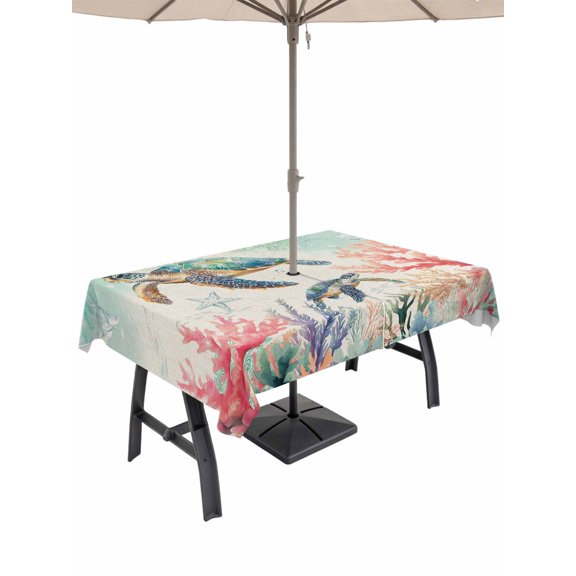 Outdoor Tablecloth with Umbrella Hole and Zipper, Coastal Turtle Rectangle Table Cloth 54x80 Inch Waterproof Tablecloth, Farmhouse Nautical Coral Starfish Seashells Picnic Table Cover for Patio