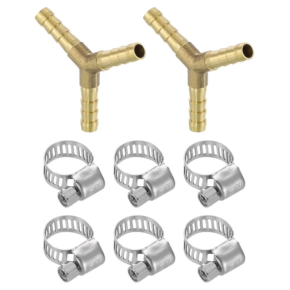 2pack Brass Hose Barb Fittings, 3-Way Y-Shaped 1/4" Barbed x 1/4" Barbed x 1/4" Barbed, with 6pack Hose Clamps