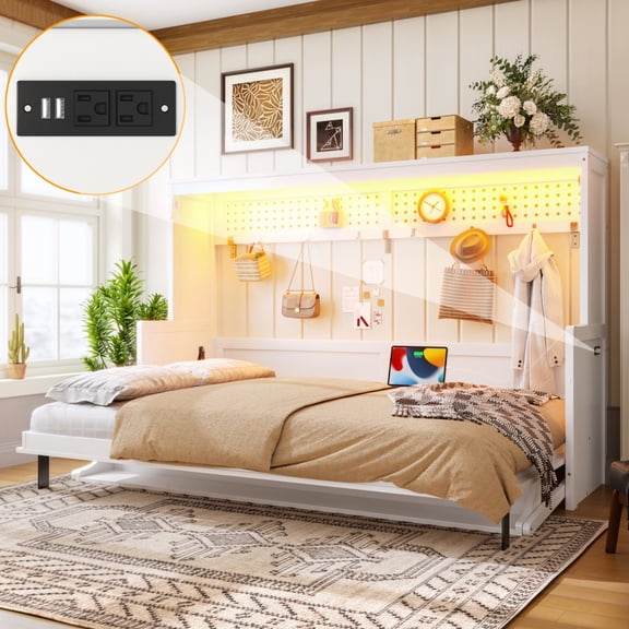 Full Size Murphy Bed with Desk, USB Charging & LED Lights, Space-Saving Wall-Mounted Bed,White