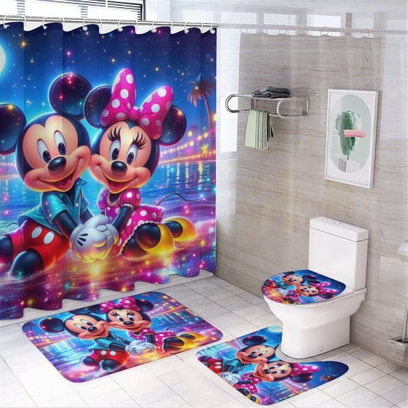 Cartoon Mouse 4Pcs Family Shower Curtain Sets with Non-Slip Rugs, Toilet Lid Cover And Bath Mat, Black Home Bathroom Decor Set Accessories Waterproof Shower Curtains with 12 Hooks, 72 X 72 Inch