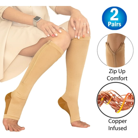 2 Copper Zipper Compression Socks w/ Open Toe Knee High Support Stockings - Soft, Breathable Compression Socks For Support, Reduce Swelling & Better Circulation - Black 2X-Large