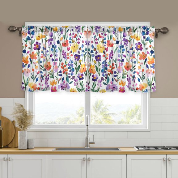 Yayeee Kitchen Curtains Tier Set of 2 Light Filtering 57"x24" Over Sink Window Panels, Purple Wildflower Pattern