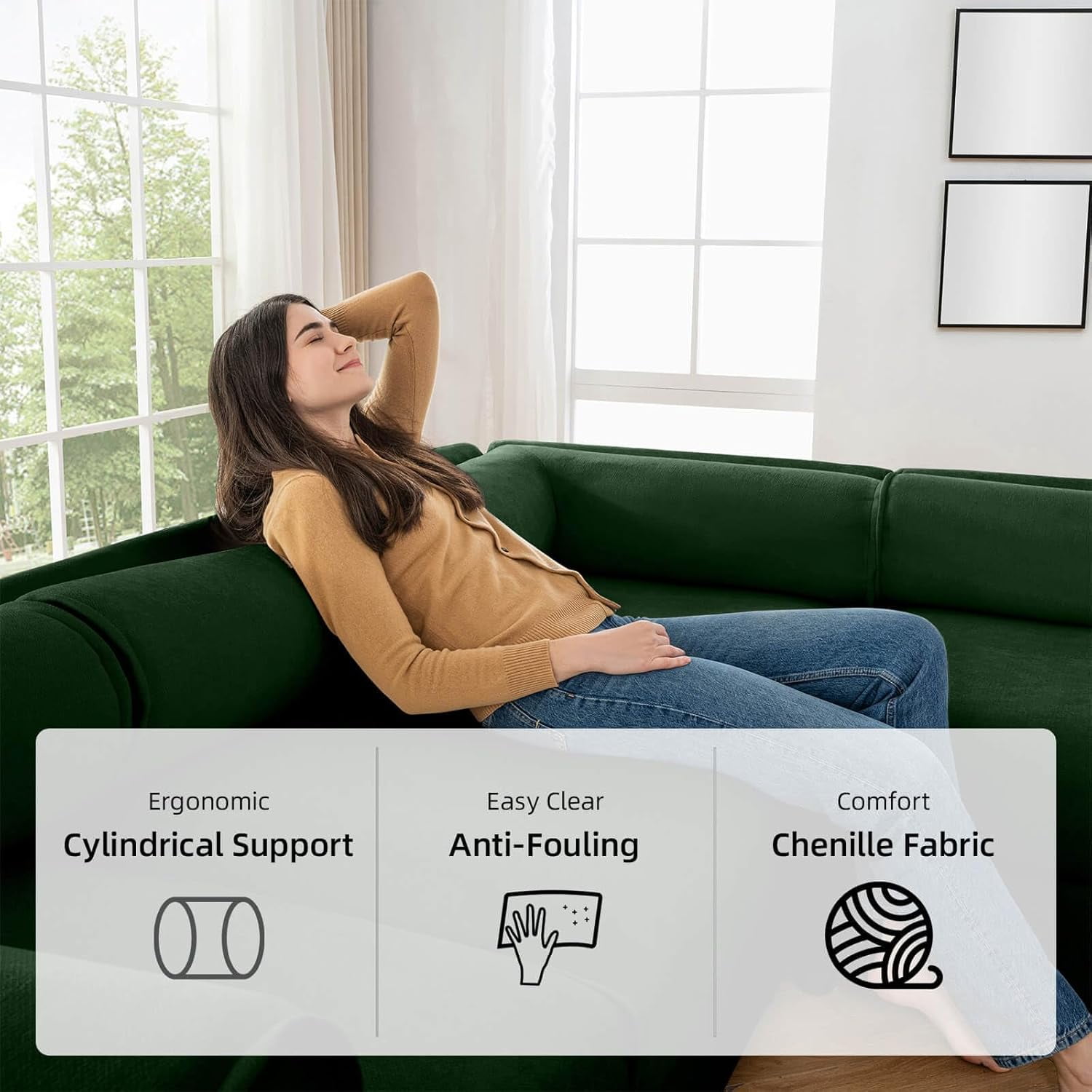 75.5'' Deep Seat Chenille Loveseat with Storage Seat,Modern Fabric Loveseat Featuring Hidden Storage Space,Cylindrical Backrest & Armrest Design for Living Room, Office, Apartment - Green