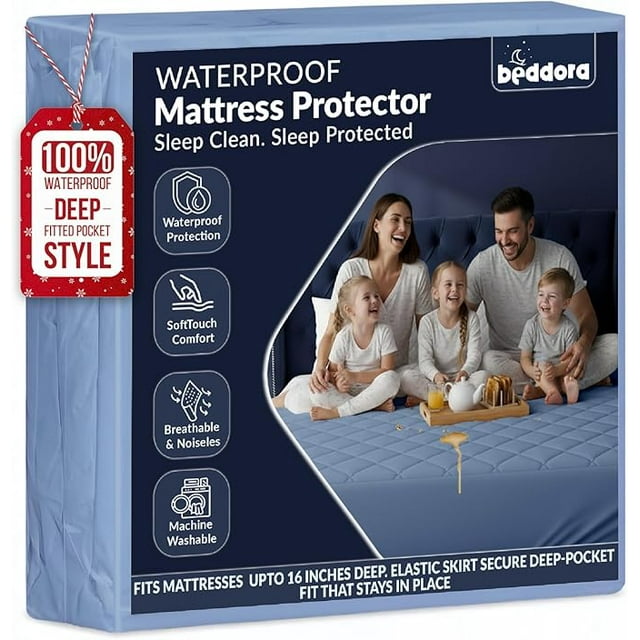 Beddora Waterproof Mattress Protector with Quilted Top – King – Soft & Breathable – Sky Blue