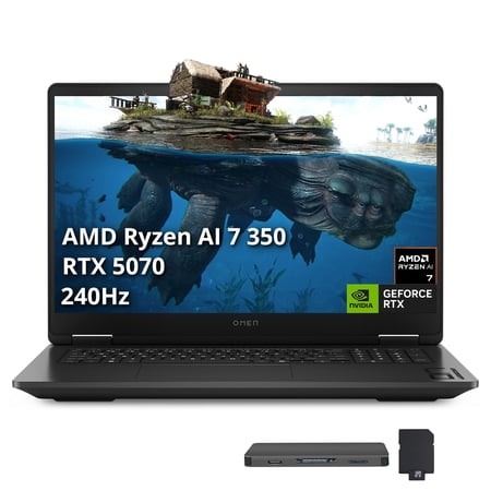 HP Omen 17.3" QHD 240Hz Gaming Laptop, AMD Ryzen AI 7 350, 16GB DDR5, 2TB Storage(1TB SSD+1TB Docking Station Set), GeForce RTX 5070, Backlit Keyboard, Numeric Keypad, Win 11, Black