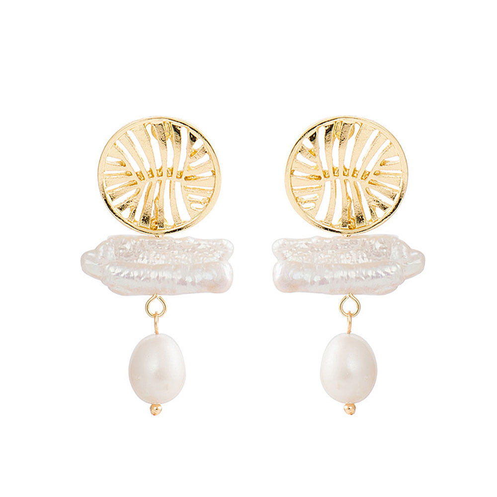 White Baroque Pearl Earring 18k Gold Ear Stud Hook Gift Natural Jewelry Dangle 