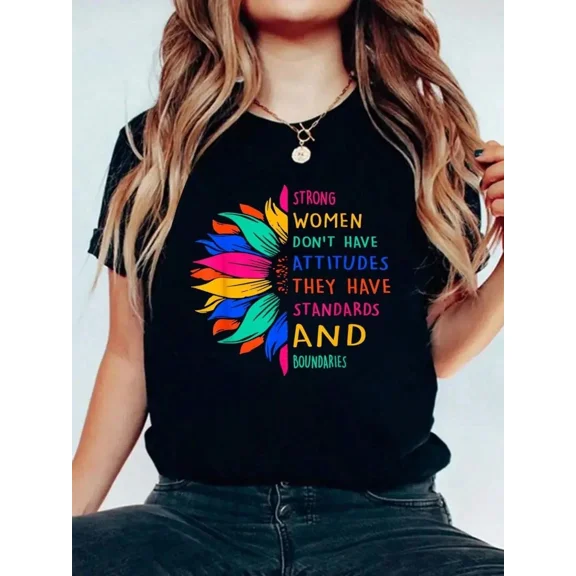 Women's Inspirational Sunflower Graphic T-Shirt - Strong Women Standards and Boundaries Short Sleeve Tee