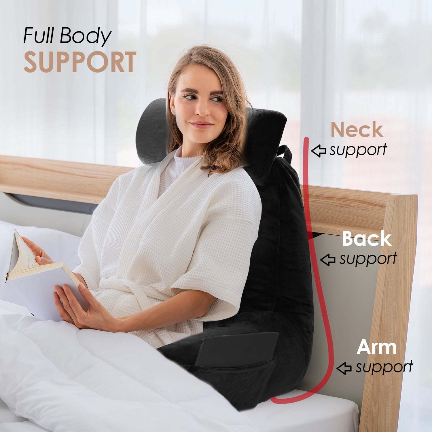 LAMMALOE Reading Pillow , Backrest Pillows with Arms, Plush Back Pillow Detachable Neck Roll, Shredded Memory Foam Bed Rest Pillow, Large, Black