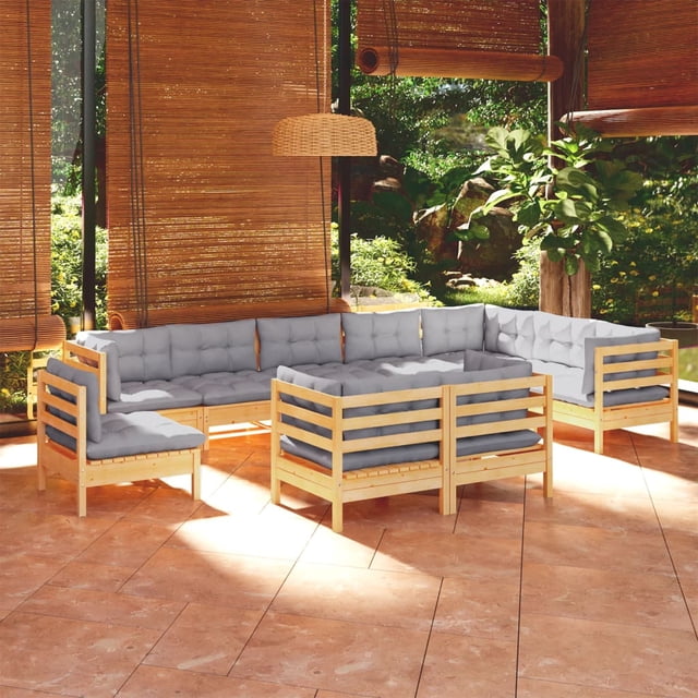 vidaXL 10 Piece Garden Lounge Set with Grey Cushions Solid Pinewood