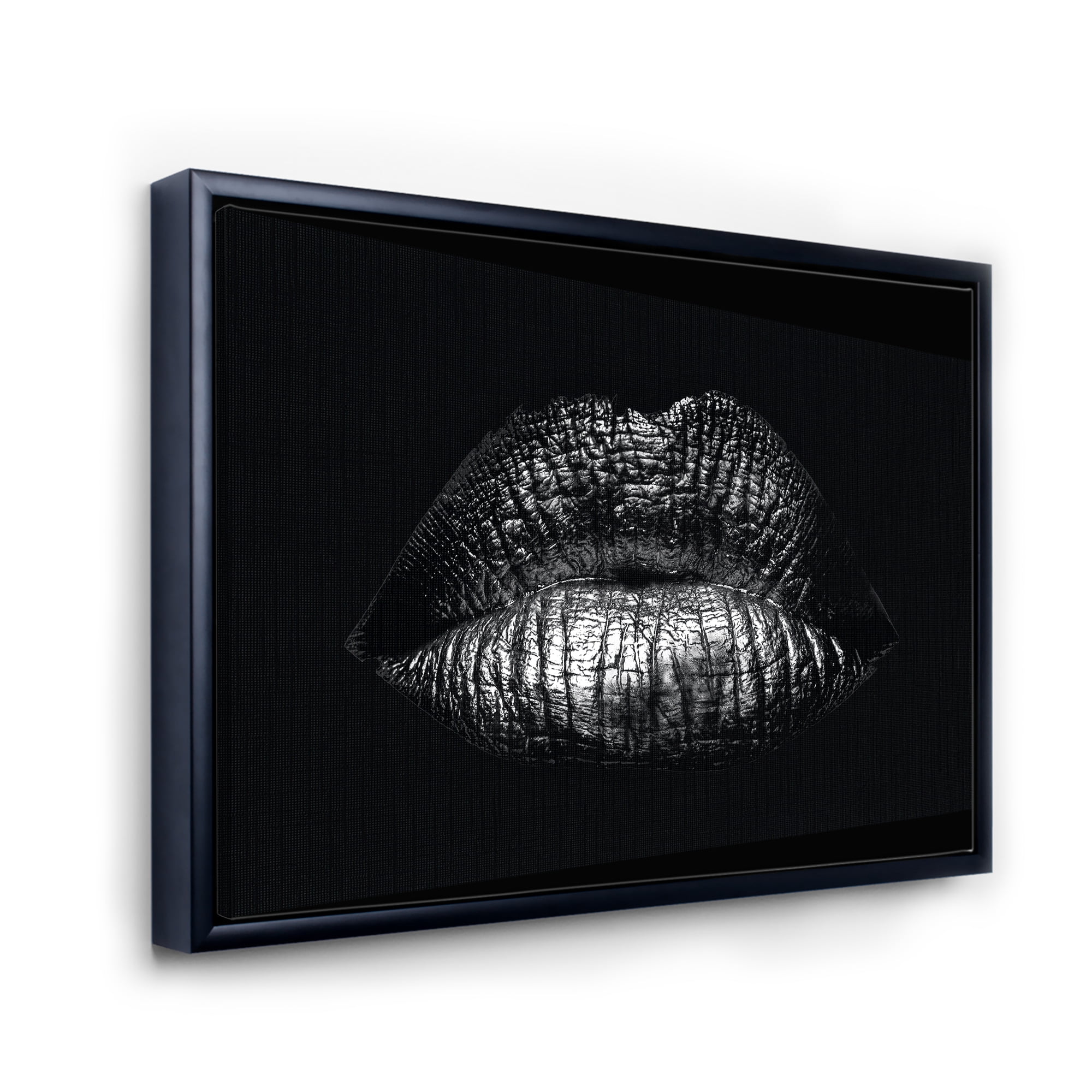 Designart 'Sexy Golden Metallized Woman Lips I' Modern Framed Canvas Wall Art Print