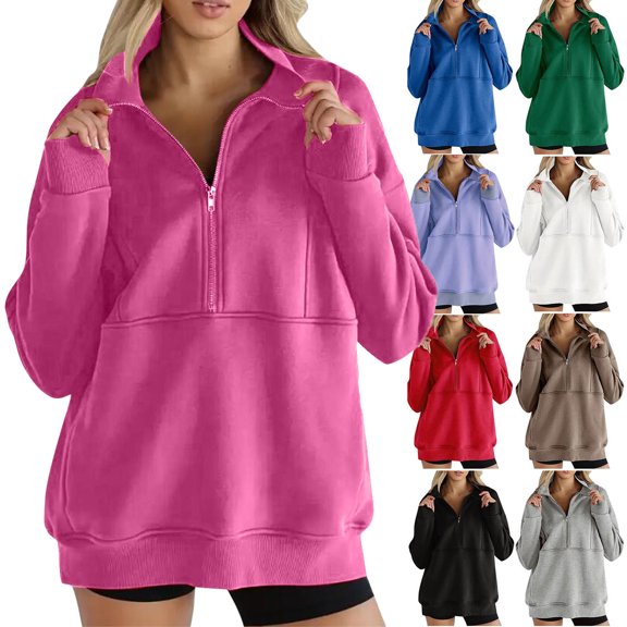 Smsaxvxz Womens' Half Zip Pullover Sweatshirt Fall Fashion V Neck Long Sleeve Winter Clothes 2026 Hot Pink S