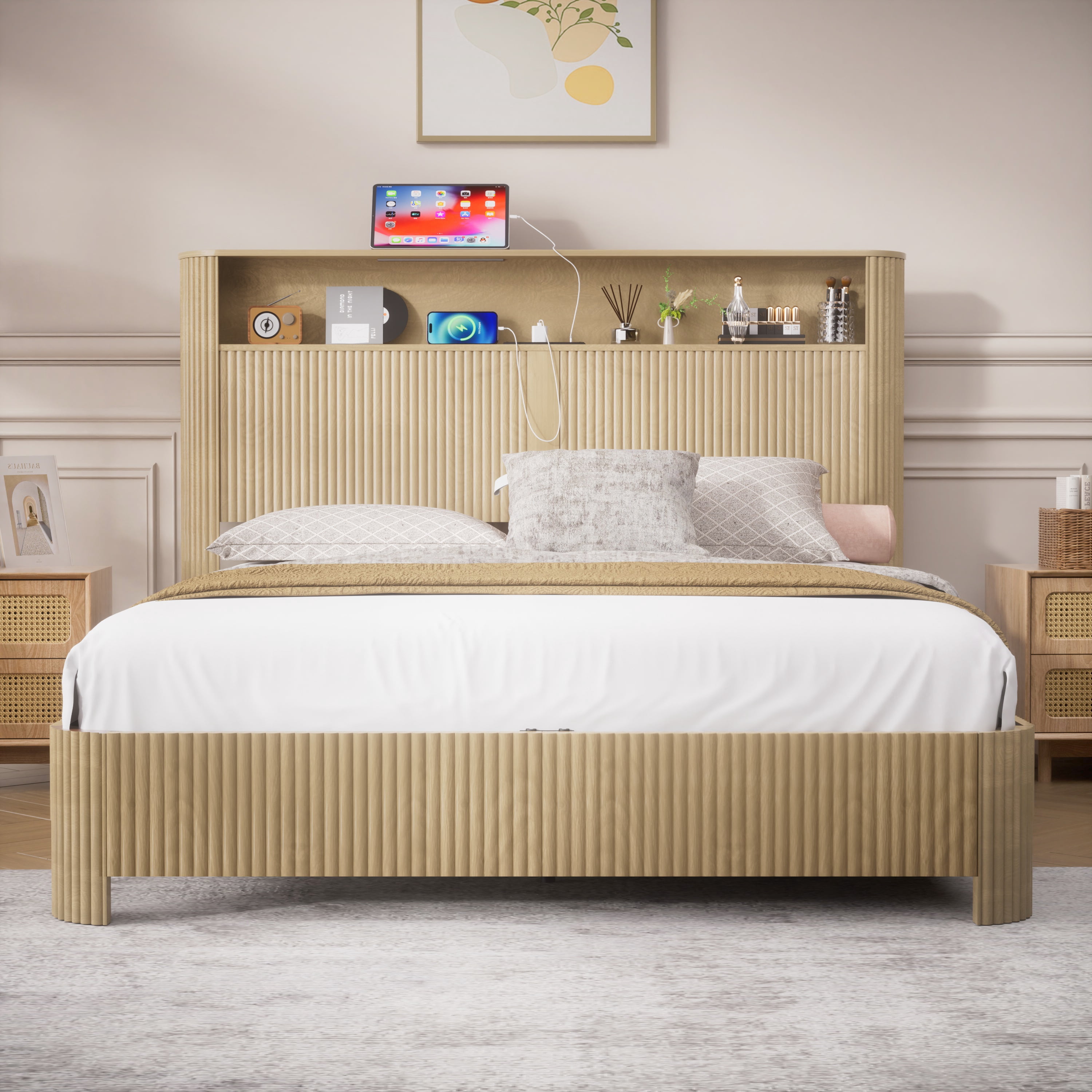 Queen Bed Frame,Natural Finish Wavy Curved Platform Bed with Storage Headboard,Built-in Charging Station,Silent Metal Support Structure